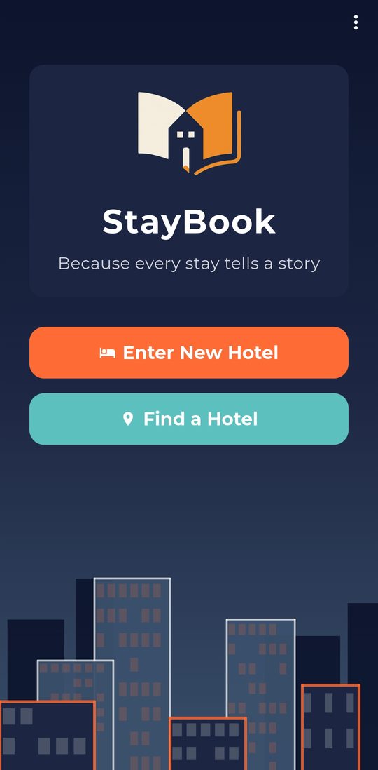 StayBook home screen with Enter New Hotel and Find a Hotel buttons