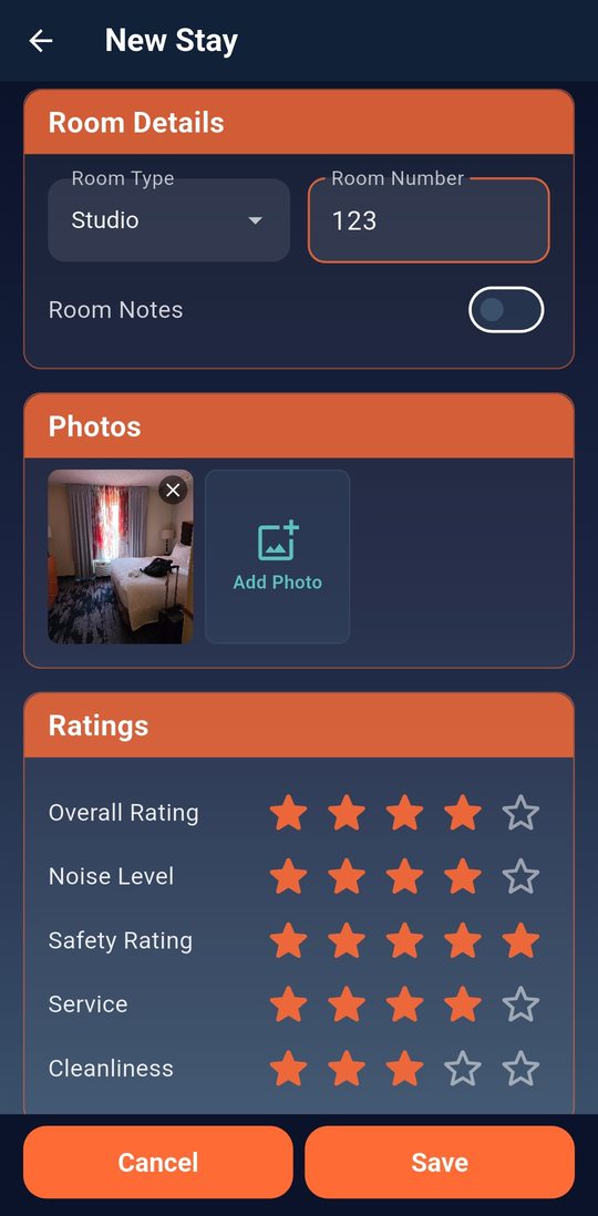 StayBook stay entry screen with photos and star ratings